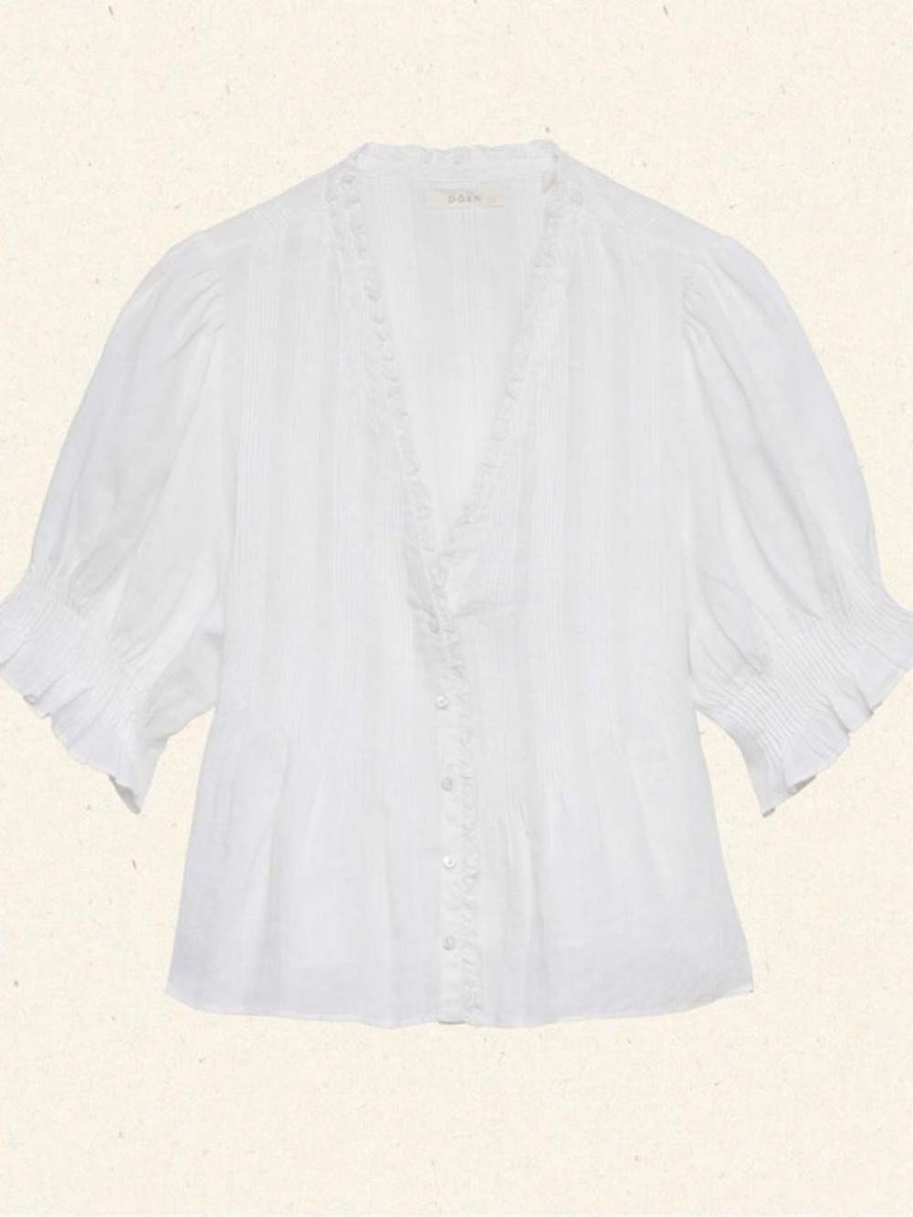 Doen White V-Neck Button-Front Puff Sleeve Blouse